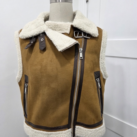 Mark Edwards Studio Brown and Cream Shearling Lined Aviator Vest Size S - Picture 2 of 10